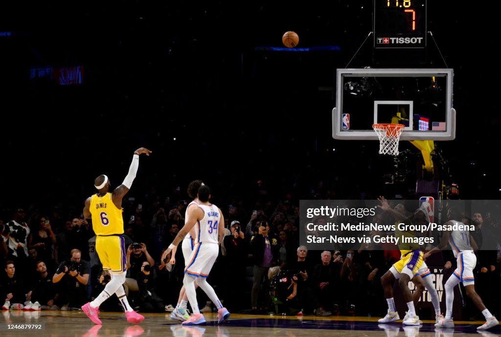 LeBron James of the Los Angeles Lakers shoots his record breaking