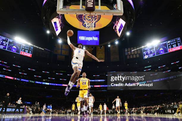 Jalen Williams of the Oklahoma City Thunder dunks the ball during the game against the Los Angeles Lakers on February 7, 2023 at Crypto.Com Arena in...