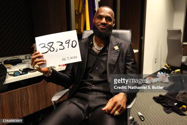 LeBron James of the Los Angeles Lakers celebrates in the locker room after breaking Kareem Abdul-Jabbars, all time scoring record of 38,387 points...