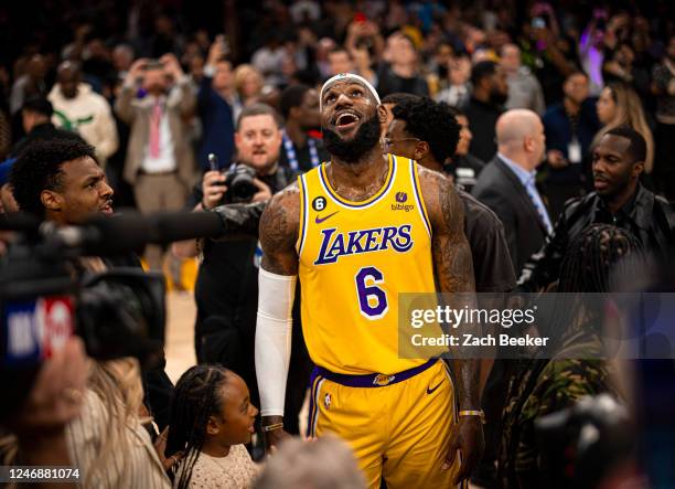 LeBron James of the Los Angeles Lakers poses for a photo after breaking Kareem Abdul-Jabbars all time scoring record of 38,387 points during the game...