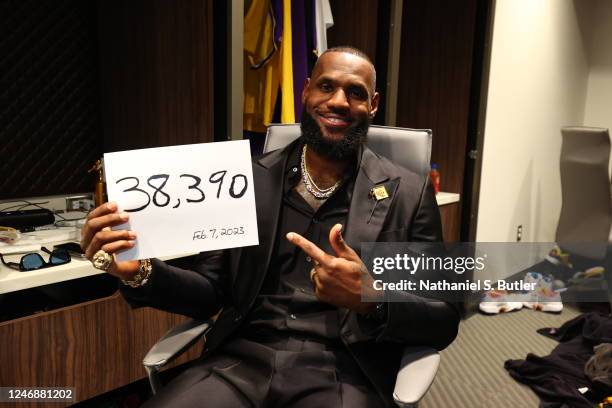 LeBron James of the Los Angeles Lakers celebrates in the locker room after breaking Kareem Abdul-Jabbars, all time scoring record of 38,387 points...