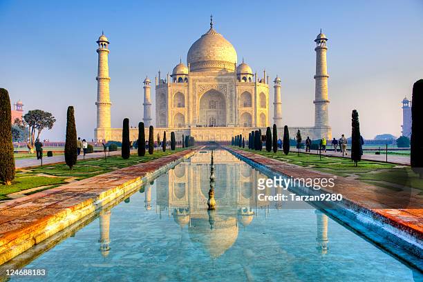 taj mahal and its reflection in pool, hdr - taj mahal stock pictures, royalty-free photos & images