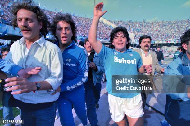 Diego Maradona of Napoli celebrates the season champion after the Serie A match between Napoli and Fiorentina at the Stadio San Paolo on May 10, 1987...