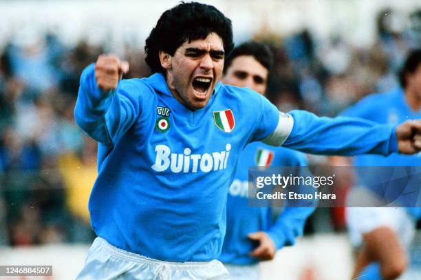 Diego Maradona of Napoli celebrates scoring his side's first goal during the Serie A match between Napoli and AC Milan at the Stadio Pao Paulo on May...