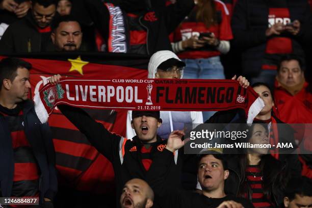 Fan of Flamengo holding up a scarf from when they played Liverpool in the 2019 FIFA Club world cup final during the FIFA Club World Cup Morocco 2022...
