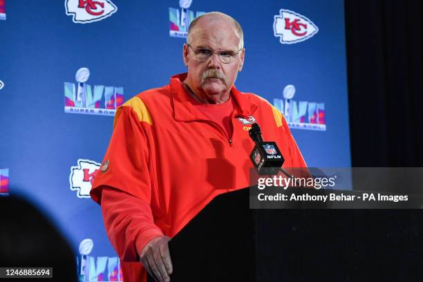 Kansas City Chiefs Head Coach Andy Reid speaks to members of the media during the Kansas City Chiefs media availability ahead of Super Bowl LVII at...