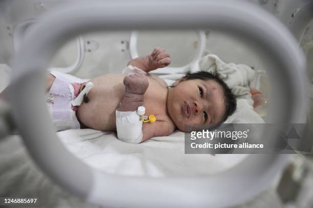 February 2023, Syria, Afrin: A newborn girl lies inside an incubator as part of her medical checkup at a children's hospital in the Syrian town of...