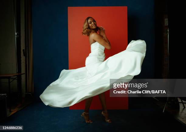 Dancer and tv personality Oti Mabuse is photographed for BAFTA's Virgin Media British Academy Television Awards folio on June 6, 2021 in London,...