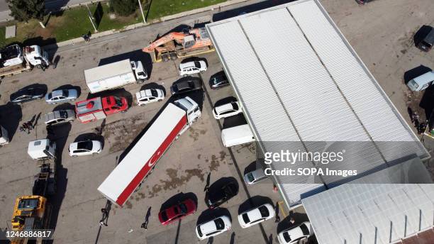 Cars seen queuing to refill gas at a gas station in Adana after the earthquake. Turkey experienced the biggest earthquake of this century in the...