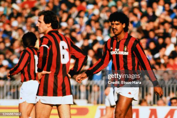 Frank Rijkaard and Franco Baresi of AC Milan react during the Serie A match between Napoli and AC Milan at the Stadio Sao Paulo on November 27, 1988...