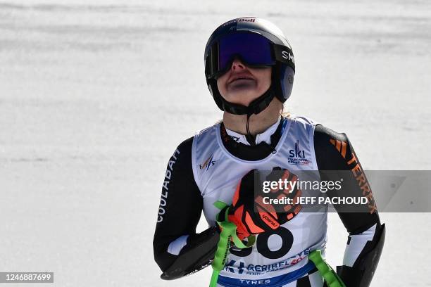 New Zealand's Alice Robinson reacts after competing in the Women's Super-G of the FIS Alpine Ski World Championship 2023 in Meribel, French Alps, on...