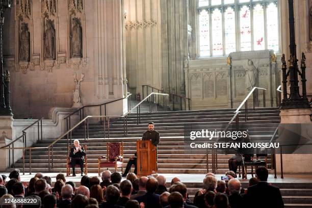 Ukraine's President Volodymyr Zelensky addresses British MPs in Westminster Hall, inside the Palace of Westminster, home to Britain's House of...