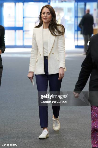 Catherine, Princess of Wales, visits Landau Forte College Derby with Captain Preet Chandi MBE to celebrate the Army officer's return from her solo...