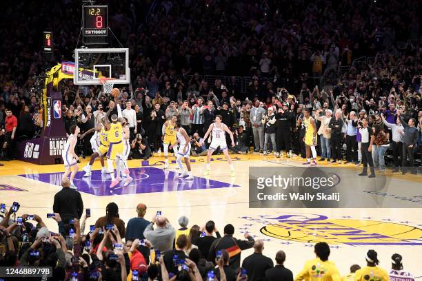 LeBron James shoots to become the all-time NBA scoring leader, passing Kareem Abdul-Jabbar at 38388 points during the third quarter against the...