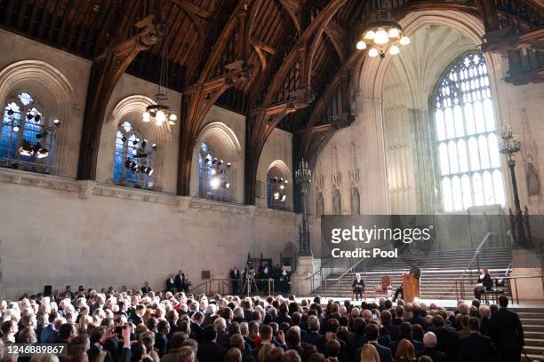 Ukrainian President Volodymyr Zelensky addresses parliamentarians in Westminster Hall on February 8, 2023 in London, England. The Ukrainian President...