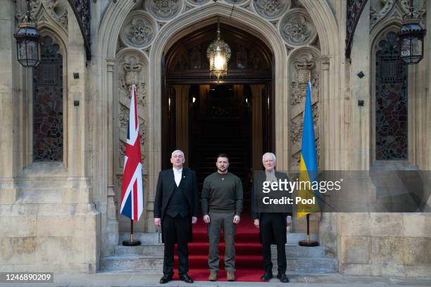 Speaker of the House of Commons, Sir Lindsay Hoyle , and Speaker of the House of Lords Lord McFall , welcoming Ukrainian President Volodymyr Zelensky...