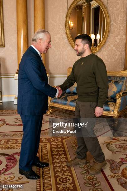 King Charles III holds an audience with Ukrainian President Volodymyr Zelenskyy at Buckingham Palace during his first visit to the UK since the...