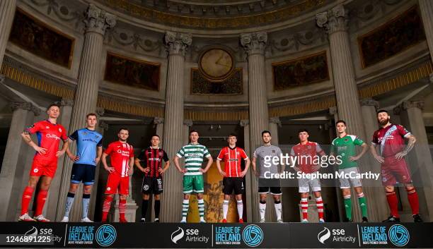 , Ireland - 8 February 2023; SSE Airtricity Men's Premier Division players, from left, Luke Byrne of Shelbourne, Jack Keaney of UCD, David Cawley of...