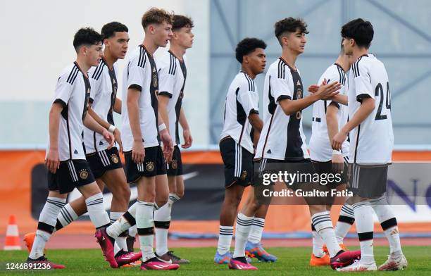 Adin Licina of Germany celebrates with teammates after scoring a goal during the International Friendly match between U16 France and U16 Germany at...