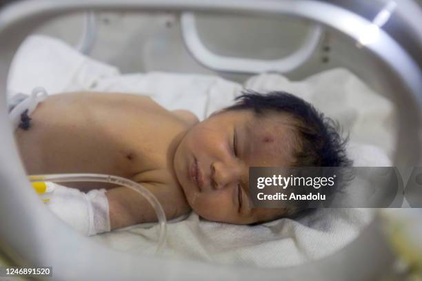 Baby girl, who was born under the rubble in the town of Jinderis located in Syria's Idlib district, receives treatment inside an incubator at a...