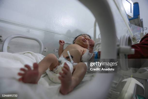 Baby girl, who was born under the rubble in the town of Jinderis located in Syria's Idlib district, receives treatment inside an incubator at a...