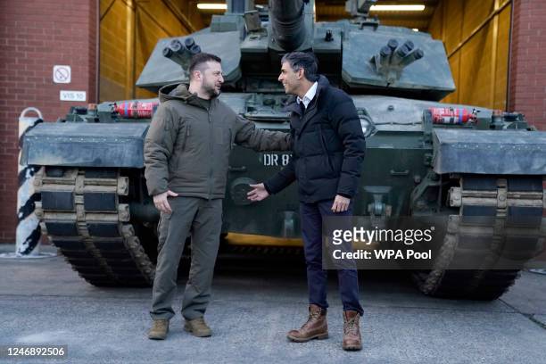 Prime Minister Rishi Sunak and Ukrainian President Volodymyr Zelensky meet Ukrainian troops being trained to command Challenger 2 tanks at a military...