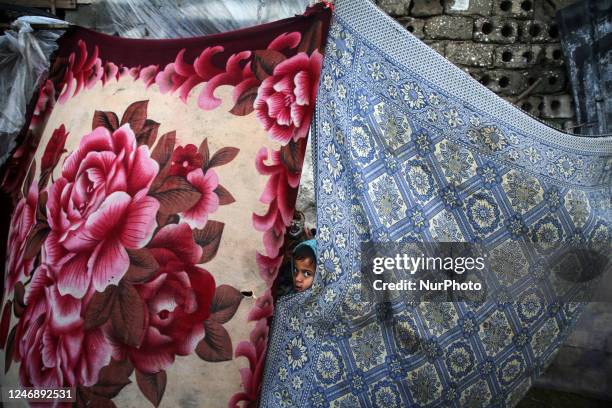 Palestinian girl stands behind a curtain in front of her home during a stormy weather on February 8 in Gaza City .