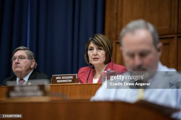 At center, full committee chairwoman Rep. Cathy McMorris Rodgers speaks during a House Energy and Commerce Subcommittee on Oversight and...