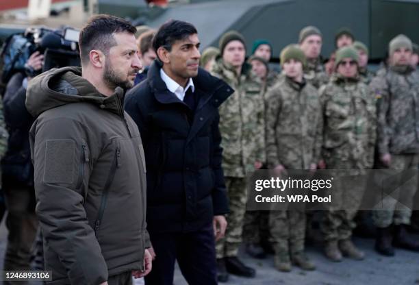 Prime Minister Rishi Sunak and Ukrainian President Volodymyr Zelensky meet Ukrainian troops being trained to command Challenger 2 tanks at a military...