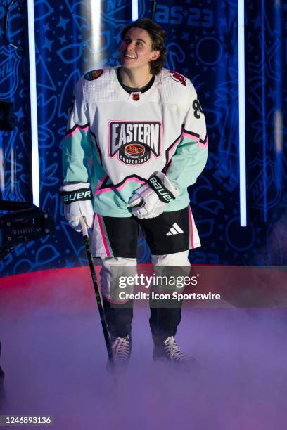 Jack Hughes of the New Jersey Devils during the Honda NHL All-Star Game at FLA Live Arena in Sunrise, FL on February 4, 2023.