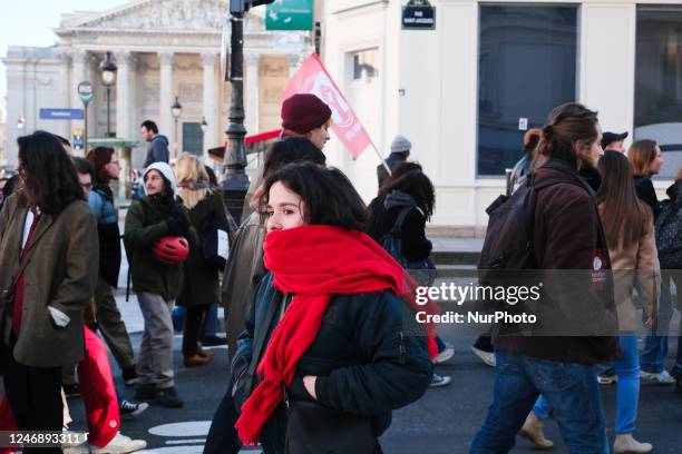 French student demonstrate near the Sorbonne in Paris against the pension reform, on February 8, 2023.