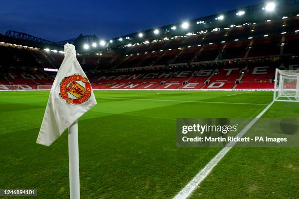 General view of the corner flag on the pitch ahead of the Premier League match at Old Trafford, Manchester. Picture date: Wednesday February 8, 2023.