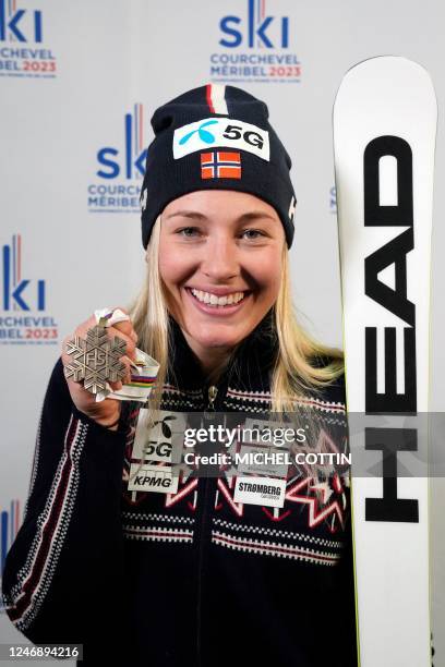 Bronze medalist Norway's Kajsa Vickhoff Lie poses with her medal after the Women's Super-G event of the FIS Alpine Ski World Championship 2023 in...