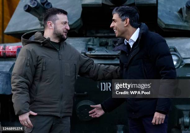 Prime Minister Rishi Sunak and Ukrainian President Volodymyr Zelensky visit a a military facility to meet Ukrainian troops being trained to command...