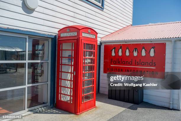 United Kingdom phone box in front of a house on Ross Road in Port Stanley, Falkland Islands.