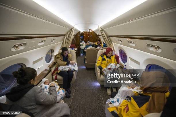 Babies rescued from the rubble of collapsed buildings in Kahramanmaras are being transferred to Ankara by Turkish Presidential Plane after 7.7 and...