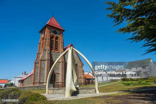 Christ Church Cathedral with a whalebone arch, on Ross Road in Port Stanley, Falkland Islands.