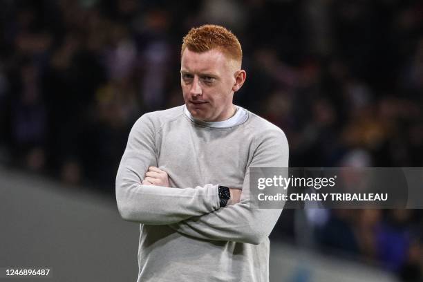 Reims' Belgian head coach William Still reacts during the French Cup round of 16 football match between Toulouse FC and Stade de Reims at The TFC...