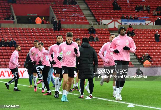 Fulham players warm up before the FA Cup Fourth Round replay match between Sunderland FC and Fulham FC at Stadium of Light on February 8, 2023 in...