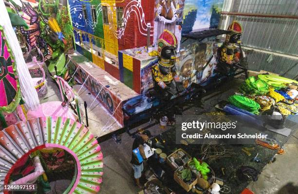 Member of Perola Negra school samba works on an allegory at Perola Negra "barracão" headquarters on January 31, 2023 in Sao Paulo, Brazil. After...