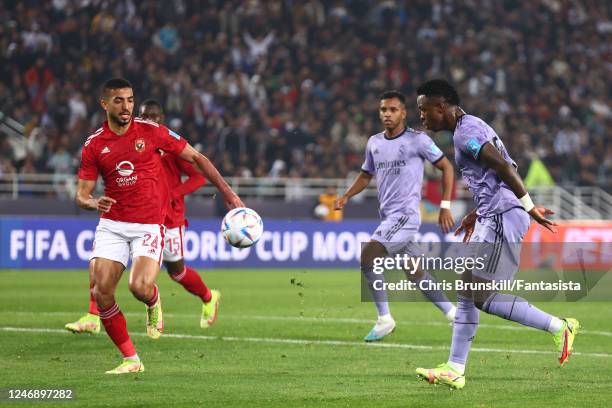 Vinicius Junior of Real Madrid scores a goal to make the score 0-1 during the FIFA Club World Cup Morocco 2022 Semi Final match between Al Ahly and...