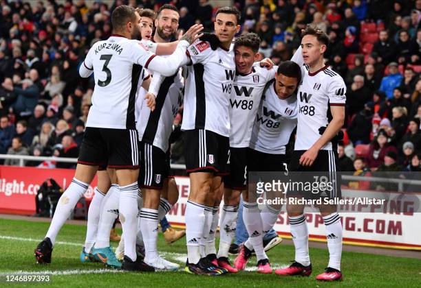 Joao Palhinha of Fulham, Harry Wilson of Fulham Carlos Vinicius of Fulham and Luke Harris of Fulham celebrate 1st goal during the FA Cup Fourth Round...