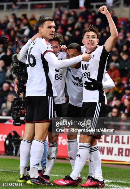 Joao Palhinha of Fulham, Harry Wilson of Fulham Carlos Vinicius of Fulham and Luke Harris of Fulham celebrate 1st goal during the FA Cup Fourth Round...