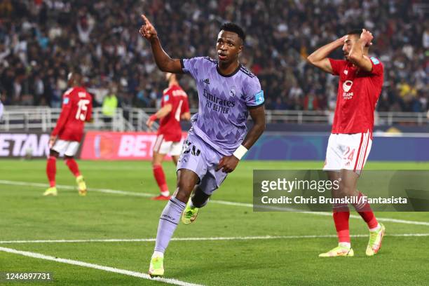 Vinicius Junior of Real Madrid celebrates scoring a goal to make the score 0-1 during the FIFA Club World Cup Morocco 2022 Semi Final match between...