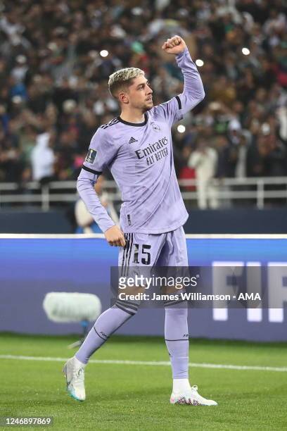 Federico Valverde of Real Madrid celebrates after scoring a goal to make it 0-2 during the FIFA Club World Cup Morocco 2022 Semi Final match between...