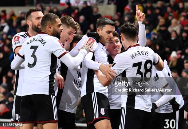 Joao Palhinha of Fulham, Harry Wilson of Fulham Carlos Vinicius of Fulham and Luke Harris of Fulham celebrate 1st goal during the FA Cup Fourth Round...