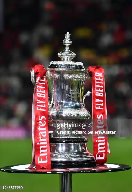 Cup Trophy before the FA Cup Fourth Round replay match between Sunderland FC and Fulham FC at Stadium of Light on February 8, 2023 in Sunderland,...