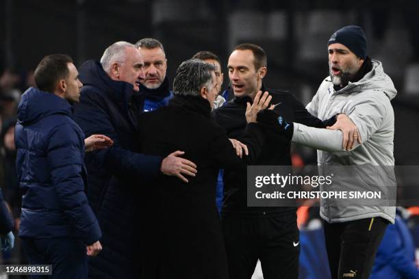 Marseille's Croatian head coach Igor Tudor argues with Paris Saint-Germain's French head coach Christophe Galtier during the French Cup round of 16...