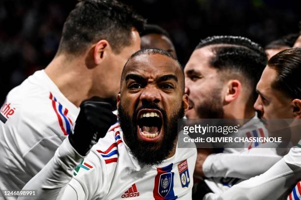 Lyon's French forward Alexandre Lacazette reacts during the French Cup round of 16 football match between Olympique Lyonnais and Lille OSC at the...