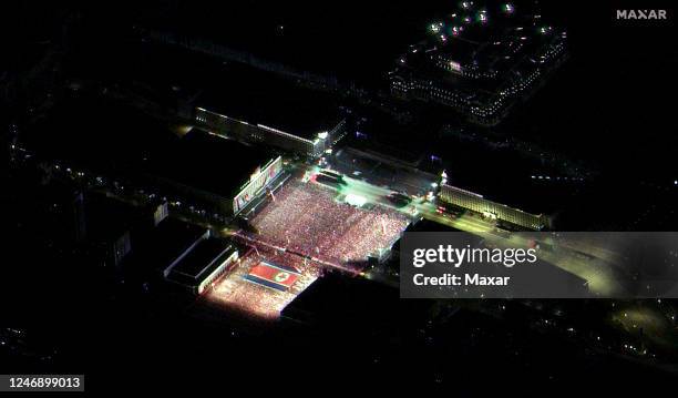 Maxar night time satellite imagery of military parade Kim Il Sung Square in Pyongyang, North Korea.. Please use: Satellite image 2023 Maxar...